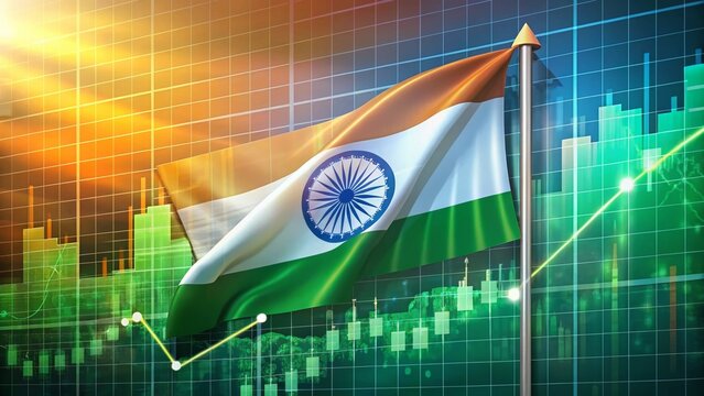 Indian Flag Soaring Over Bullish Stock Market Chart: Investment Growth