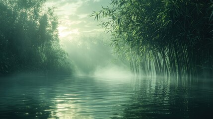 Misty sunrise over tranquil river, lush green vegetation.