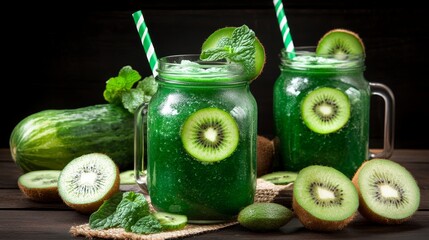 Kiwi smoothies in mason jars with kiwi slices on a dark wooden table