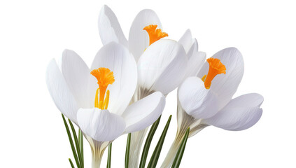 a cluster of elegant white crocus flowers with vibrant orange stamens showcasing their delicate petals and green stems against a clean background symbolizing beauty and renewal