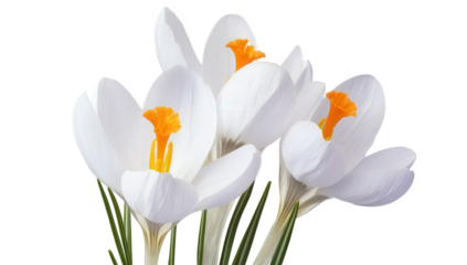 a cluster of elegant white crocus flowers with vibrant orange stamens showcasing their delicate petals and green stems against a clean background symbolizing beauty and renewal