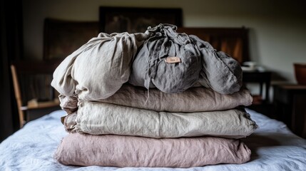 Stacked linen bedding on a bedroom bed