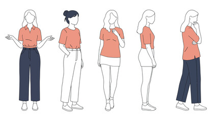 Woman in various poses showcasing casual attire in flat vector art