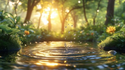 Naklejka premium Tranquil forest pool, sunlit drops