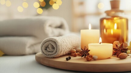   A pair of candles resting on a wooden tray alongside an oil bottle and stack of towels