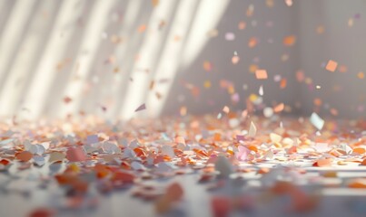 Dynamic pastel-colored confetti scattered across a smooth neutral surface, soft lighting enhancing its playful and celebratory vibe