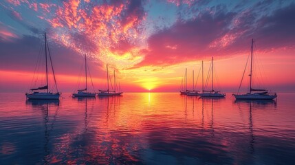 Fototapeta premium Vibrant sunset over calm sea with sailboats.