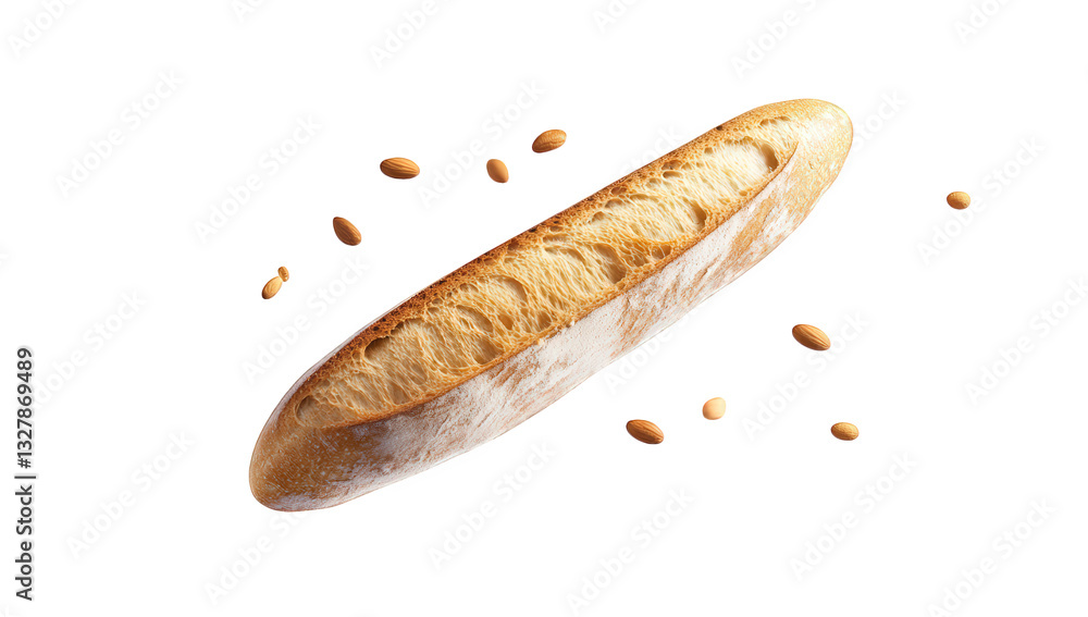 Poster a freshly baked baguette is displayed against a clean white background surrounded by scattered seeds