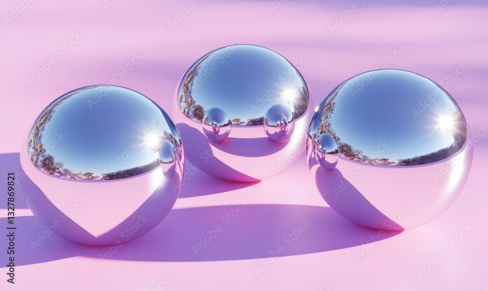 Poster minimalist composition of shiny metallic spheres resting on a pastel pink surface, bright reflection