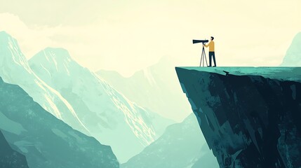 Fototapeta premium A person stands on a mountain peak, looking through a telescope at a distant horizon