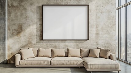 A simple, blank frame on the wall above a beige sectional sofa