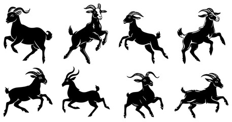 Jumping Goat Silhouette Vector Set, Energetic Farm Animal, Wildlife, and Capricorn Symbol Design