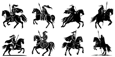 Medieval Knight on Horseback Silhouette Vector Set, Warrior, Lancer, and Battle Illustration