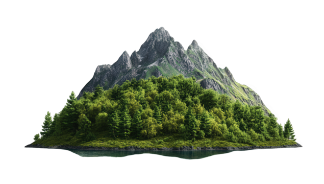 a serene island landscape featuring a lush green forest at the base of a rugged mountain surrounded by calm waters evoking a sense of tranquility and natural beauty