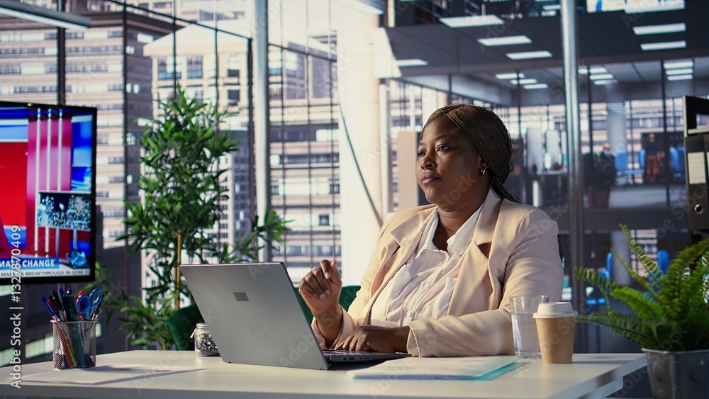 Poster african american ceo reviews data analytics on a hologram reflection, using artificial intelligence 