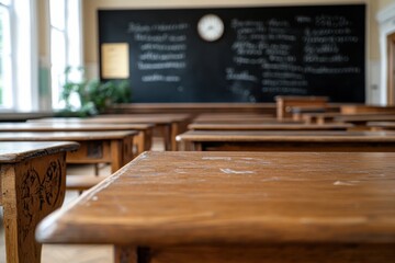 An inviting classroom scene highlighting vintage wooden desks and natural light, creating a warm and comforting environment for students to learn.