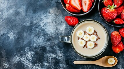Smoothie with banana and strawberries on a stone countertop