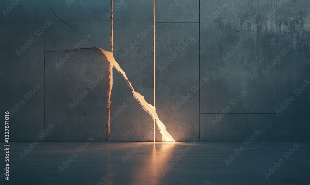 Poster minimalist rendering of a cracked concrete wall illuminated by dynamic warm light. muted tones and s