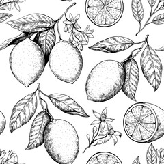 Seamless pattern with lemon branches with fruits and flowers. Drawing in retro engrawing style. Black and white vector illustration.
