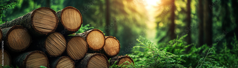 Poster logging action in a lush forest nature photography serene environment close-up view sustainable prac
