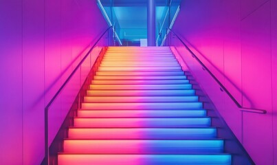 Fototapeta premium Minimalist staircase glowing with vibrant gradient lights, its clean lines and symmetry illuminated softly for a modern, futuristic aesthetic