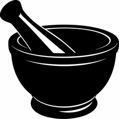 Mortar and pestle icon in black silhouette on white background, evoking herbal preparation and ancient cooking. Concept: apothecary branding, kitchen visuals, spice packaging.