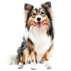 Fototapeta premium a cheerful fluffy dog with a tricolor coat sits happily showcasing its playful demeanor and friendly expression. essence of companionship and joy associated with pets