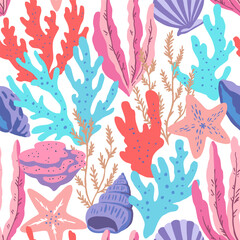 Seamless pattern with colorful sea elements, corals, seaweeds, shells and sea stars. Vector illustration.