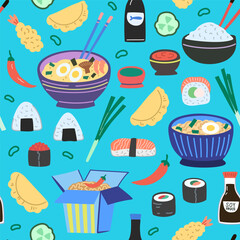 Seamless pattern with asian food, traditional Japanese and Chinese meals. Noodles, ramen, sushi and sauces. Hand-drawn colorful vector illustration.