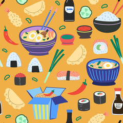 Seamless pattern with asian food, traditional Japanese and Chinese meals. Noodles, ramen, sushi and sauces. Hand-drawn colorful vector illustration.