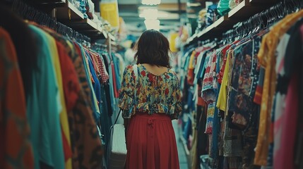 A woman is walking through a clothing store with many different colored shirts