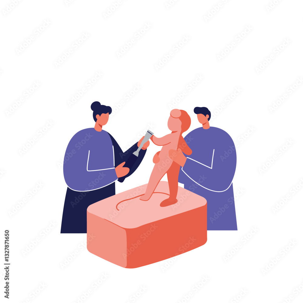 Poster sculptors creating a statue with tools in flat minimal vector art
