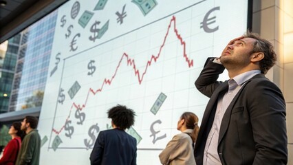 Business professionals analyze stock market trends displayed on large screen while contemplating financial strategies in a modern urban environment