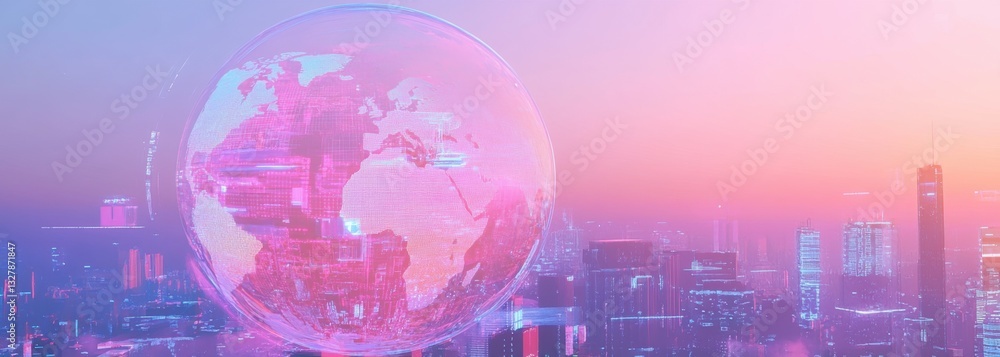 Poster a double exposure of a digital world globe with a cityscape, in a futuristic and cyberpunk style a l