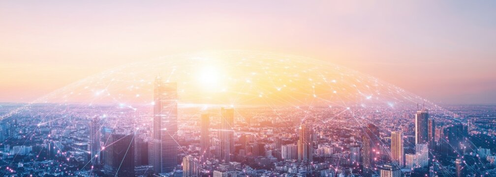 A double exposure of a digital globe and cityscape with global network connections, technology's role as a bridge between a company's clients around the world Generative AI