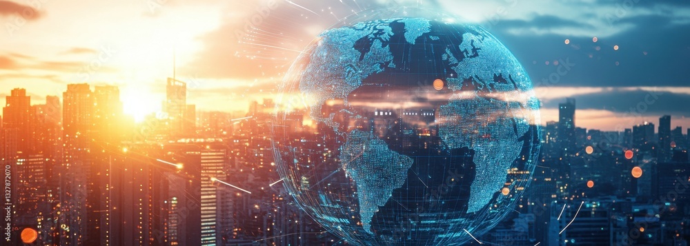 Poster abstract double exposure of a digital globe and cityscape with global network connections, symbolizi