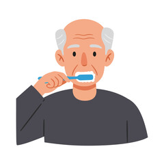 Obraz premium Elderly man brushing teeth in flat design style vector illustration