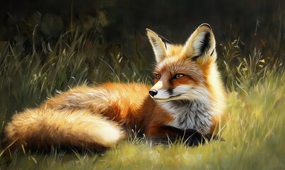 Obraz premium Playful red fox resting in a sunlit meadow, its vibrant fur glowing warmly under soft natural light for an endearing wildlife portrait