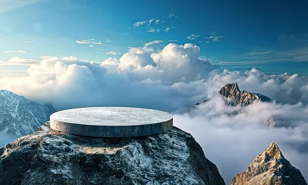 Round Stone Platform on Mountain Peak Above Clouds

