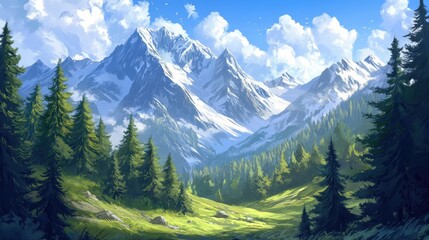 Majestic Mountain Landscape with Lush Green Forest and Clear Sky
