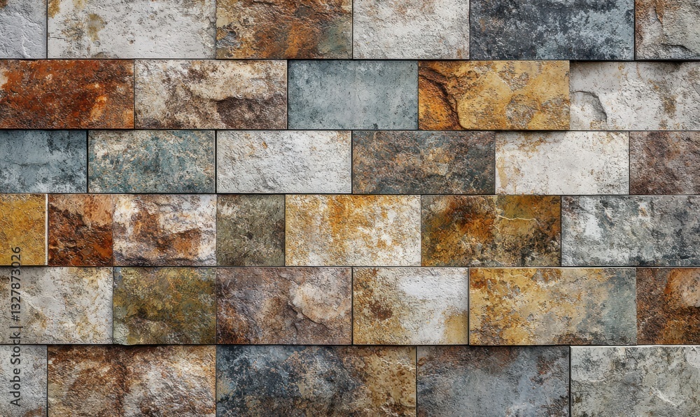 Poster rustic stone wall with colorful patches of aged, weathered bricks, creating a charming and timeless 