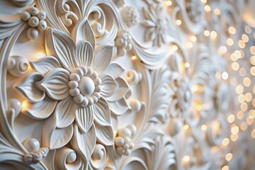 Intricate White Floral Wall Carving Close-up with Bokeh Background - Stock Photo
