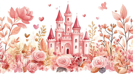 Fototapeta premium Fairytale castle surrounded by floral beauty enchanted garden watercolor art dreamy scene whimsical concept