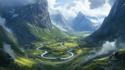 Majestic Mountain Valley with Flowing River and Lush Greenery