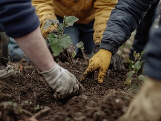 A group of people are planting a tree in the dirt