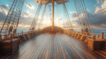 Obraz premium Sailing adventure on a vintage ship open sea photography sunrise glow aesthetic view nautical concept