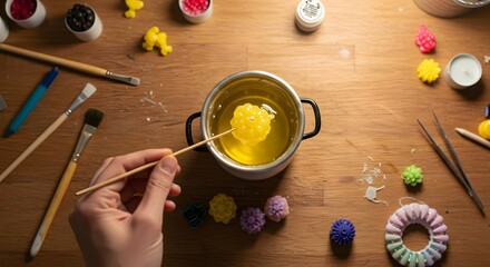 Woman making yellow wax candles craft hobby handmade diy process art top pot fun work home view life
