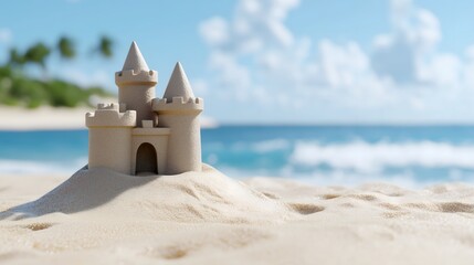 Sandcastle on Beach, Ocean Waves, Summer Vacation, Coastal Scene, Tourist Destination, Holiday, Travel.
