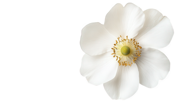 white flower with soft petals and a central green stigma surrounded by yellow anthers set against a minimalistic white background emphasizing its natural beauty