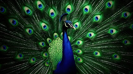 Obraz premium Close-up of a peacock spreading its feathers and turning its head to the side
